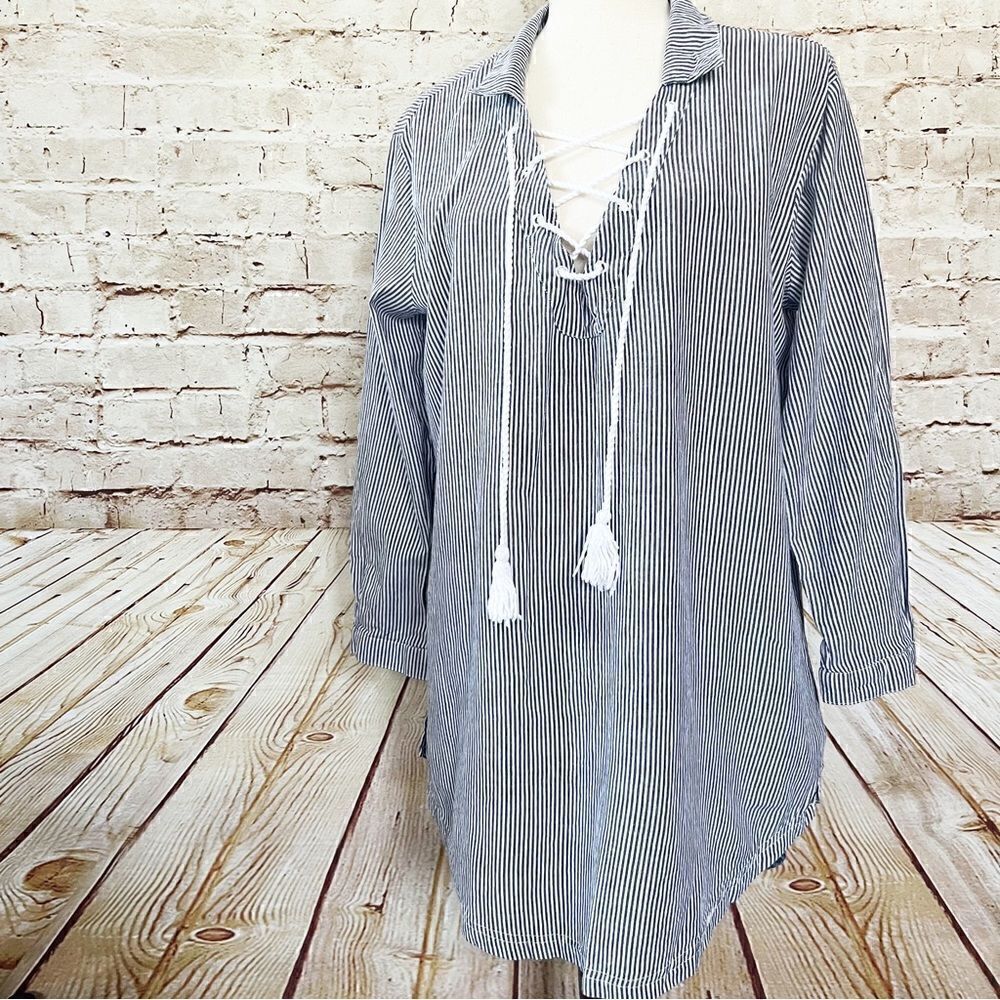 ROXY striped nautical cover up tunic shirt rope tassel